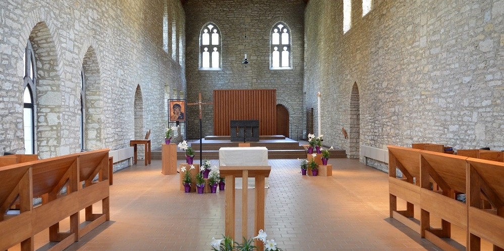View of New Melleray's Abbey church with ambo, choir stalls, altar
