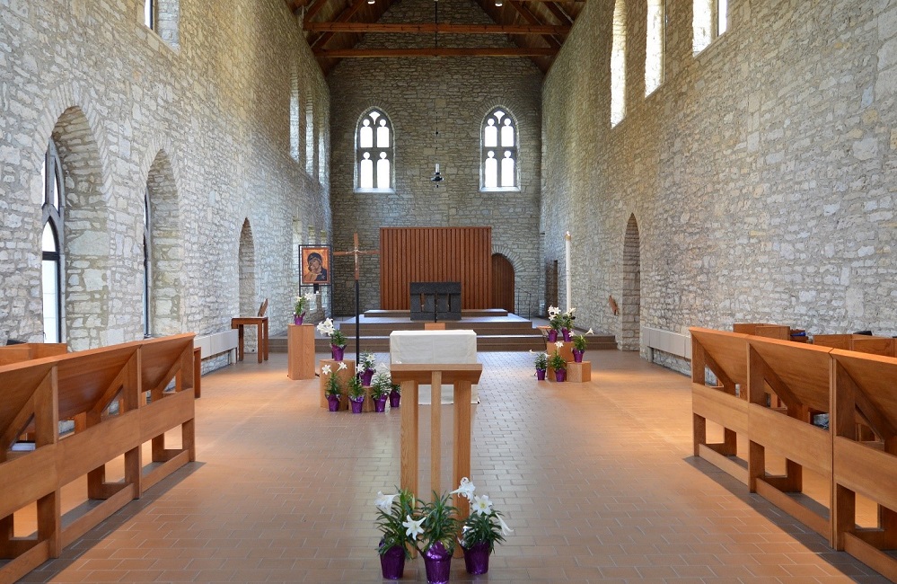 View of New Melleray's Abbey church with ambo, choir stalls, altar