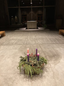 Advent wreath placed before the altar in Redwoods Abbey Church