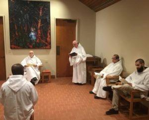 Reading of prayers in Mepkin Chapter as Jophan looks on
