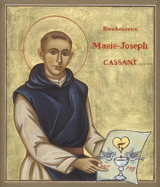 Blessed Marie-Joseph Cassant icon, pointing to painting of bleeding Sacred Heart and chalice