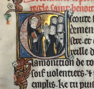 Illuminated Latin manuscript featuring St Benedict teaching nun