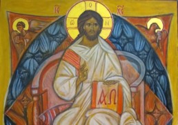 Icon of Christ the King enthroned and surrounded by angels