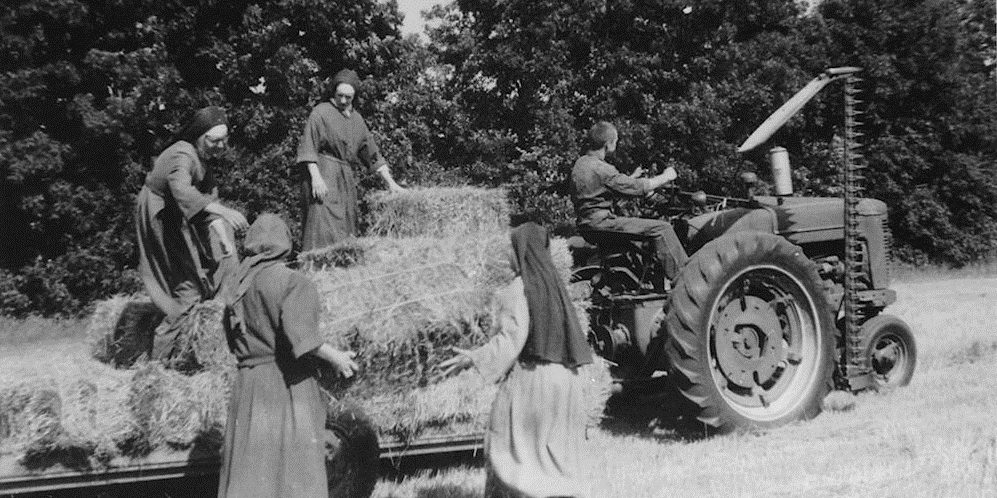 old black and white photo of several Wrentham sister loading hay into a wagon