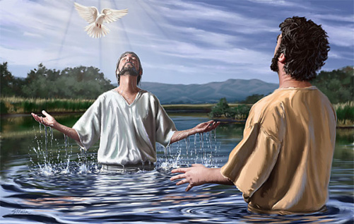 Jesus baptized by John in the Jordan as Holy Spirit dove hovers over